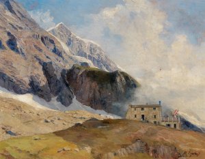 View to the Mainzer Hutte, Hohen Tauern with Grosen Wiesbachhorn in the background by Marie Egner Oil Painting