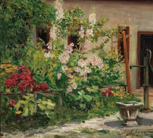Vorgarten mit bluhenden Stockrosen by Marie Egner Oil Painting