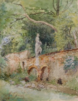 Ziegelbrucke mit einer Steinfigur MOdling by Marie Egner Oil Painting