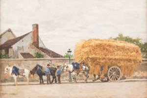 Hay cart by the city by Marie-Francois Firmin-Girard Oil Painting