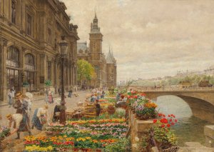 Le quai aux fleurs et la tour de l'horlage by Marie-Francois Firmin-Girard Oil Painting