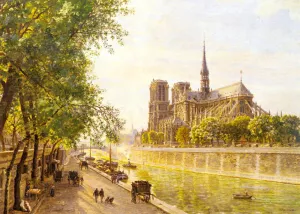 L'lle de la Cite and the Cathedral of Notre Dame, Paris as seem from Quai Montebello Oil painting by Marie-Francois Firmin-Girard