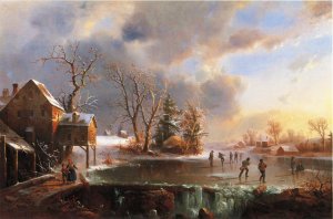 Skaters on a Frozen Pond by Marie-Francois-Regis Gignoux Oil Painting