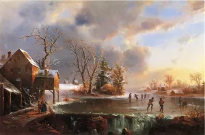 Skaters on a Frozen Pond by Marie-Francois-Regis Gignoux Oil Painting