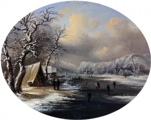 Skating on the Pond by Marie-Francois-Regis Gignoux - Oil Painting Reproduction