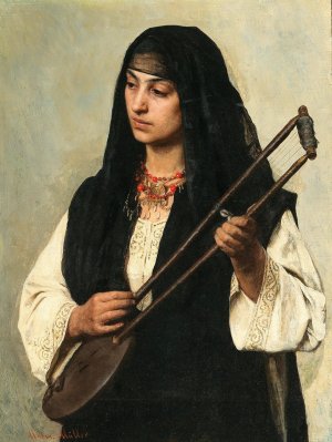 Portrait of an Egyptian Woman with Tanbura by Marie Muller Oil Painting