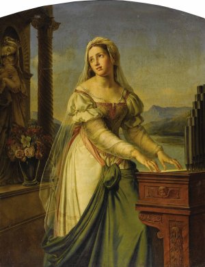 Woman At The organ Before A Statue Of The Virgin And Child Oil painting by Marie-Philippe Coupin De La Couperie