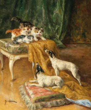 Two Jack Russells and Three Kittens by Marie-Yvonne Laur Oil Painting