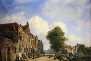 A View in a Town with Townsfolk on a Street Along a Canal