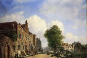 A View in a Town with Townsfolk on a Street Along a Canal Oil painting by Marinus Van Raden