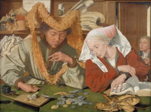 The Merchant and his Wife by Marinus Van Reymerswale Oil Painting