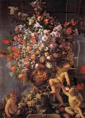 Mirror with Three Putti by Mario Dei Fiori - Oil Painting Reproduction