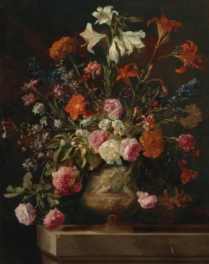 Lilies, carnations, roses, and other flowers in a gilt urn with bas relief, on a stone ledge by Mario Nuzzi Oil Painting