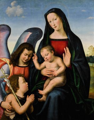 The Virgin and Child with the young Saint John the Baptist and an angel by Mariotto Albertinelli Oil Painting