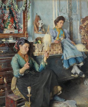 The Wool Spinners by Marius Michel Oil Painting
