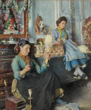 The Wool Spinners by Marius Michel Oil Painting