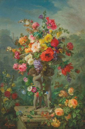 Roses, Poppies, Hollyhocks, Pansies and Wisteria in a stone urn supported by putti on a plinth by Marius Vasselon Oil Painting