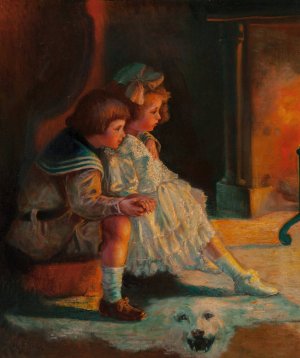 Children Warmed by Fire by Mark Fisher Oil Painting