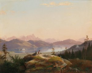 A view of Lake WOrthersee with Maria Loretto and Freyenthurn Castle by Marko Pernhart Oil Painting