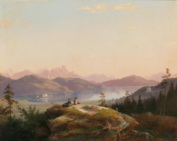 A view of Lake WOrthersee with Maria Loretto and Freyenthurn Castle by Marko Pernhart - Hand-Painted Oil Painting Reproduction