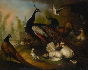 An assembly of birds in a parkland setting, including a Peacock, hens and a duck by Marmaduke Cradock Oil Painting