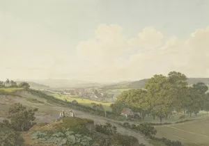 Blick von einer AnhOhe auf das Dorf St. Jakob bei Basel mit spitzem Kirchturm Oil painting by Marquard Wocher