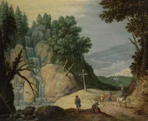 A Rocky Landscape With A Waterfall And Travellers On A Path by Marten Ryckaert Oil Painting