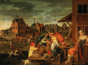 A Townscape With Peasants At A Vendor'S Stall by Marten Van Cleve Oil Painting