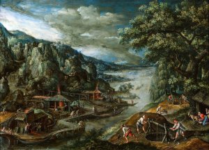 River landscape with iron mining scene by Marten Van Valckenborch Oil Painting