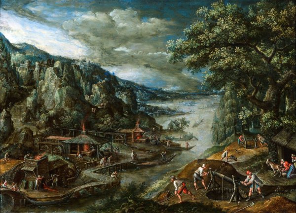 River landscape with iron mining scene  by Marten Van Valckenborch - Hand-Painted Oil Painting Reproduction