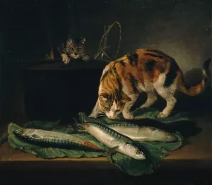 Katzen und Fische by Martin Ferdinand Quadal Oil Painting