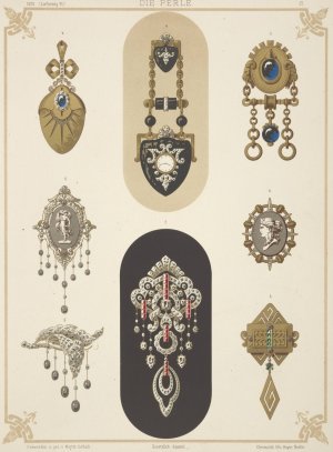 Eight Designs For Jewelry, Including Black And Gold Brooch With Tiny Watch. by Martin Gerlach Oil Painting
