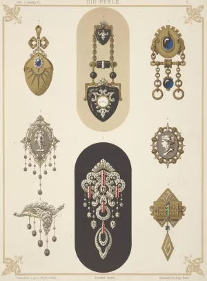 Eight Designs For Jewelry, Including Black And Gold Brooch With Tiny Watch. by Martin Gerlach Oil Painting