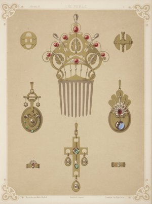 Eight Designs For Jewelry, Including Gold Comb With Red And Gray Pearls. by Martin Gerlach Oil Painting