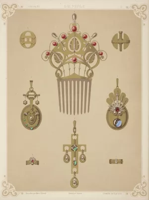 Eight Designs For Jewelry, Including Gold Comb With Red And Gray Pearls. by Martin Gerlach Oil Painting