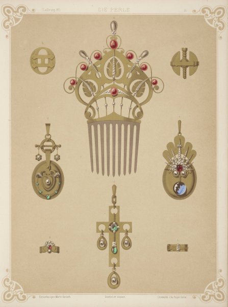 Main Product Photo of Eight Designs For Jewelry, Including Gold Comb With Red And Gray Pearls.  Painting by Martin Gerlach