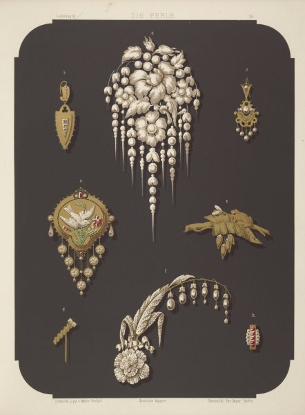 Main Product Photo of Eight Designs For Jewelry, Including Large Pin With Pearls And Flowers.  Painting by Martin Gerlach