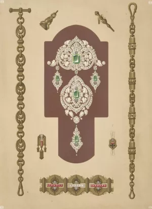 Eight Designs For Jewelry, Including Pins With Diamonds And Green Stones. by Martin Gerlach Oil Painting