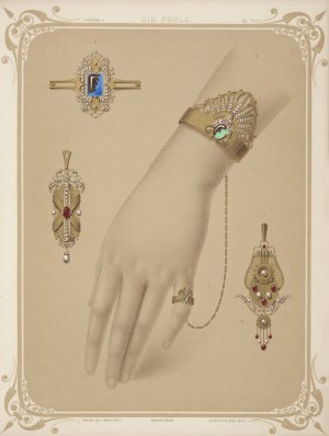 Five Designs For Jewelry, Including Bracelet With Diamonds And Green Stones Chained To A Ring. by Martin Gerlach Oil Painting