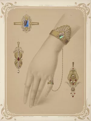 Five Designs For Jewelry, Including Bracelet With Diamonds And Green Stones Chained To A Ring. by Martin Gerlach Oil Painting