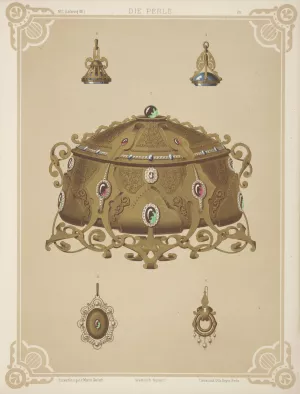 Five Designs For Jewelry, Including Gold Crown With Red And Green Stones. by Martin Gerlach Oil Painting