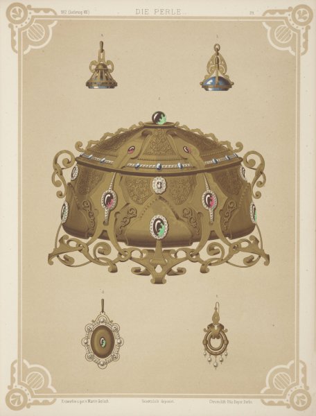 Main Product Photo of Five Designs For Jewelry, Including Gold Crown With Red And Green Stones.  Painting by Martin Gerlach
