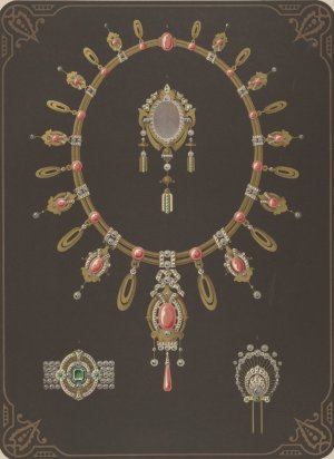 Four Designs For Jewelry, Including Large Necklace With Pink Stones. by Martin Gerlach Oil Painting