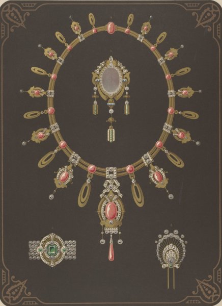 Main Product Photo of Four Designs For Jewelry, Including Large Necklace With Pink Stones.  Painting by Martin Gerlach
