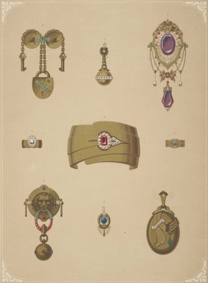 Nine Designs For Jewelry, Including Gold Bracelet With Red Stone. by Martin Gerlach Oil Painting