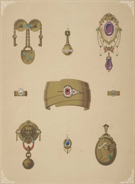 Main Product Photo of Nine Designs For Jewelry, Including Gold Bracelet With Red Stone.  Painting by Martin Gerlach