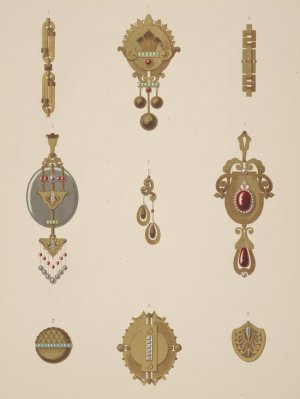 Nine Designs For Jewelry, Including Gold Brooch With Green And Red Stones. by Martin Gerlach Oil Painting
