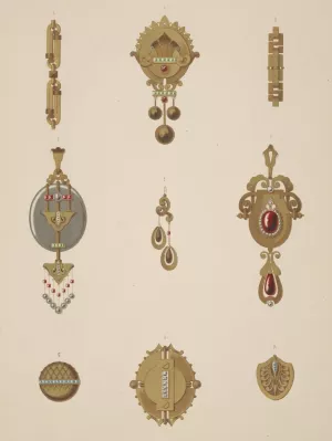 Nine Designs For Jewelry, Including Gold Brooch With Green And Red Stones. by Martin Gerlach Oil Painting