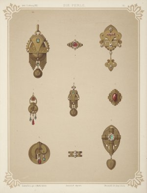 Nine Designs For Jewelry, Including Gold Brooch With Green Stones And Word Hope. by Martin Gerlach Oil Painting