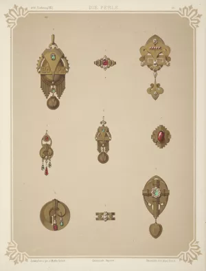 Nine Designs For Jewelry, Including Gold Brooch With Green Stones And Word Hope. by Martin Gerlach Oil Painting
